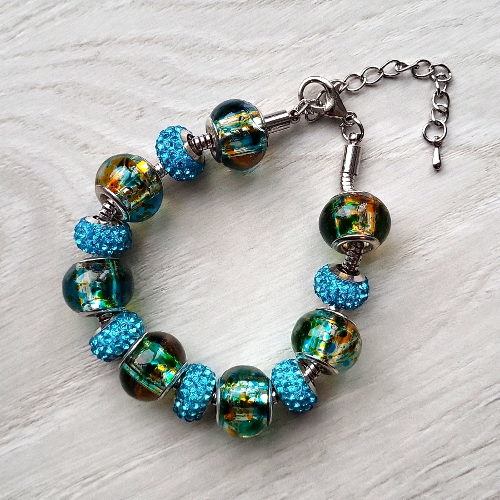 Vintage Green & Blue Glass & Crystal Beaded Silver Charm Bracelet